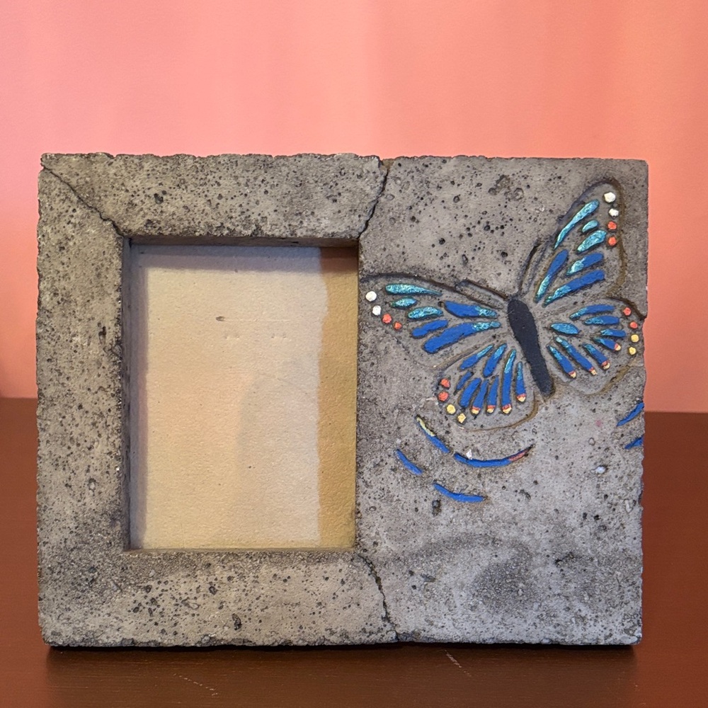 Gray Stone Picture Frame with Butterfly Design